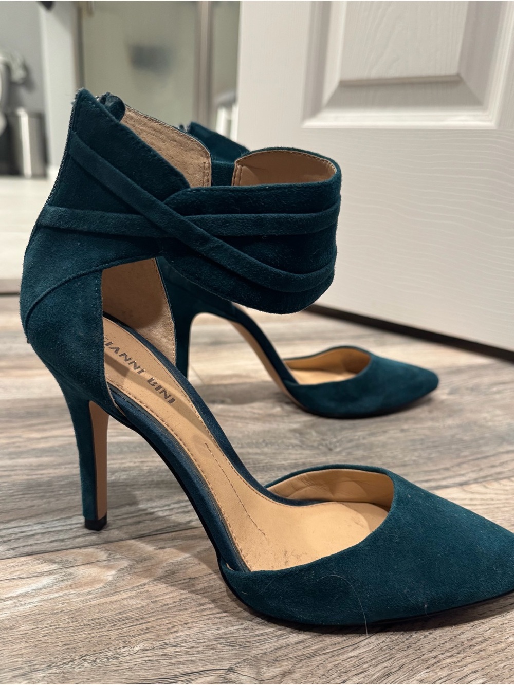 Gianni Bini Teal Suede D'Orsay Pointed-Toe Wrap Ankle Heels